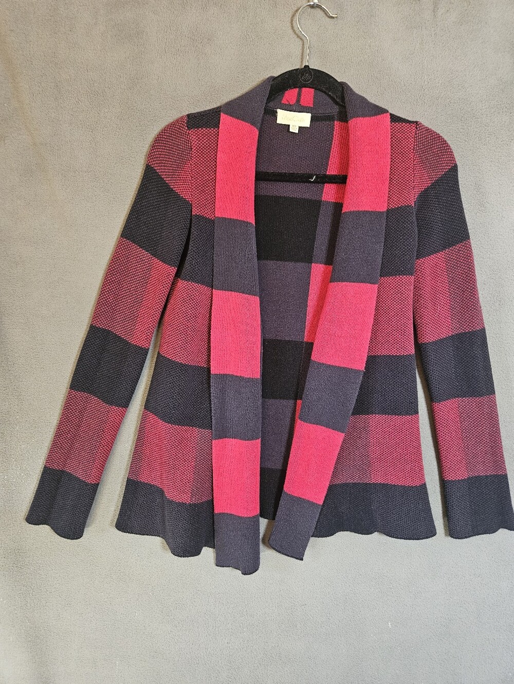 ModCloth Cardigan Sweater Red Black Buffalo Plaid Open Front Knit Womens XS